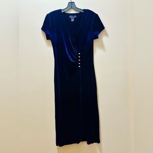 Signature by Robbie Bee Blue Velvet Midi Dress Rhinestone Buttons Size 10